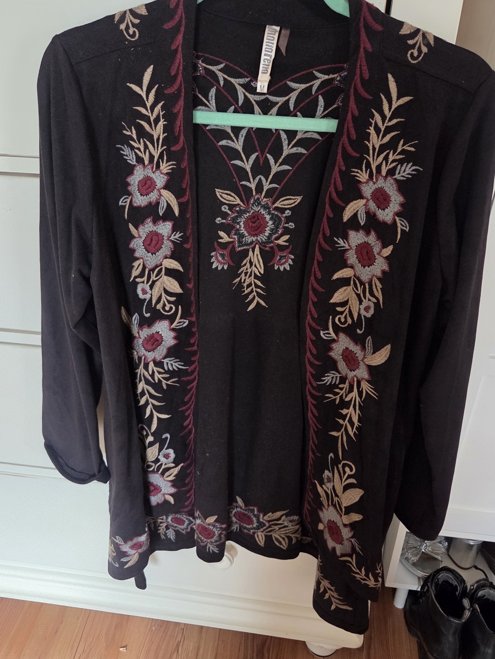 Coldwater Creek Black Floral Embroidered Open Cardigan Sweater - Black